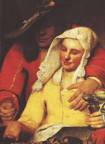 Ein vergrößertes Fragment eines Gemäldes von Jan Vermeer Delftsky